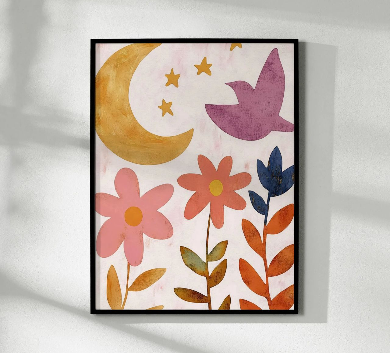 Vintage Botanical Bird with Moon, Stars and Spring Flowers poster by Gentle Echoes Art