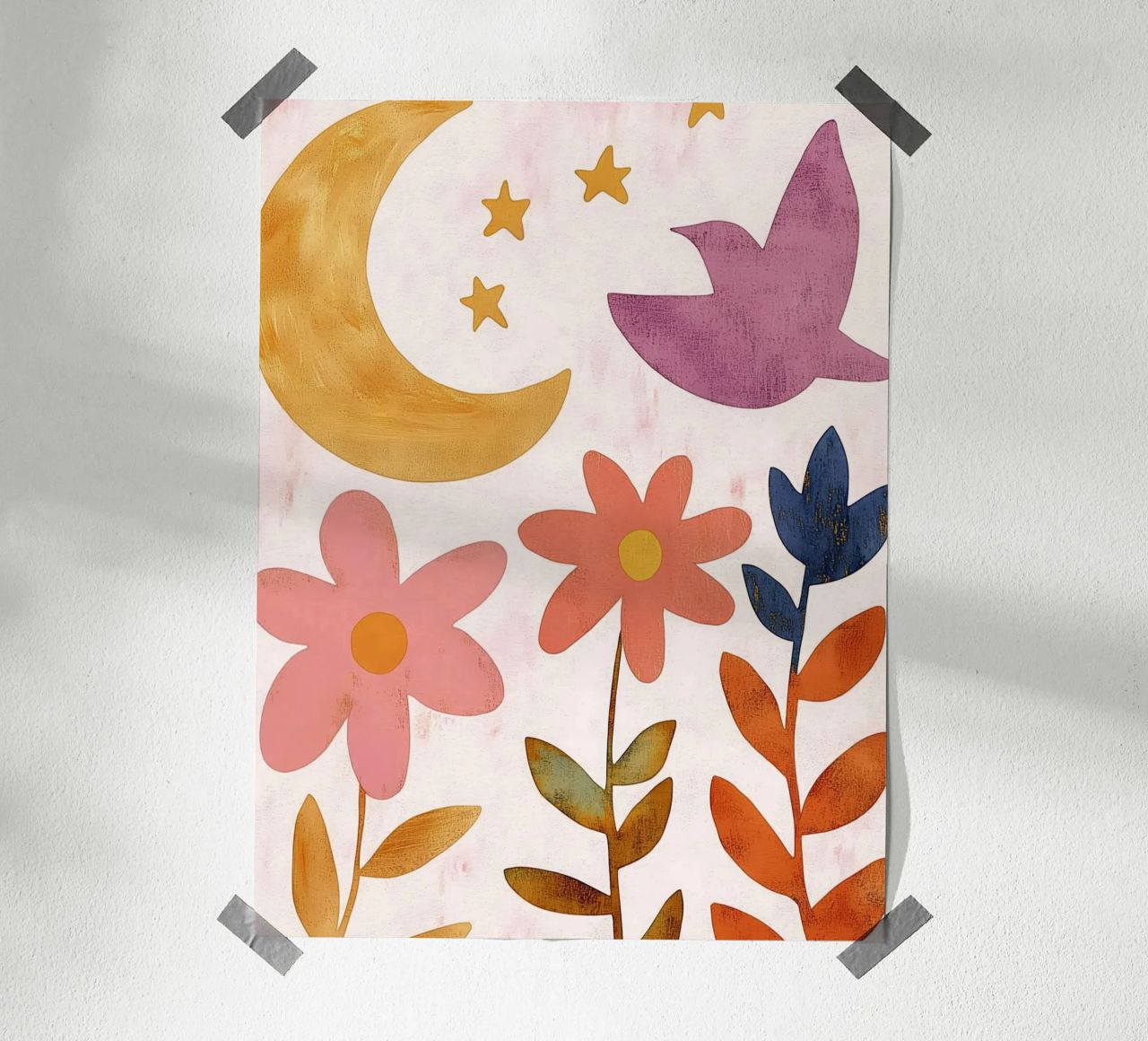 Vintage Botanical Bird with Moon, Stars and Spring Flowers poster by Gentle Echoes Art