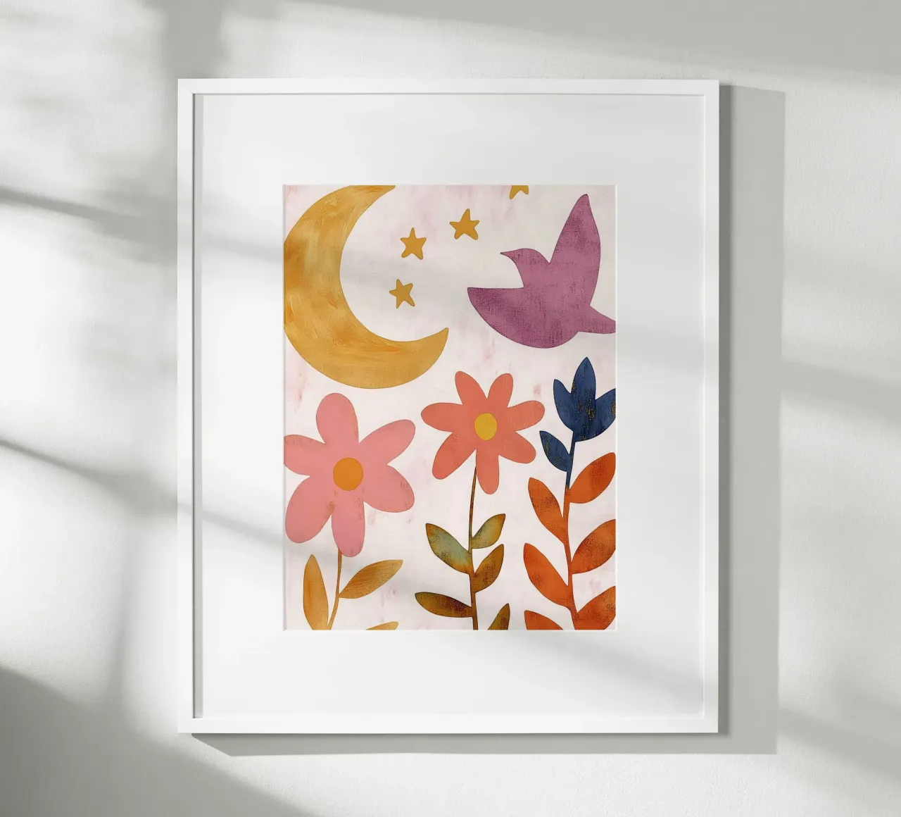 Vintage Botanical Bird with Moon, Stars and Spring Flowers poster with plastic frame by Gentle Echoes Art