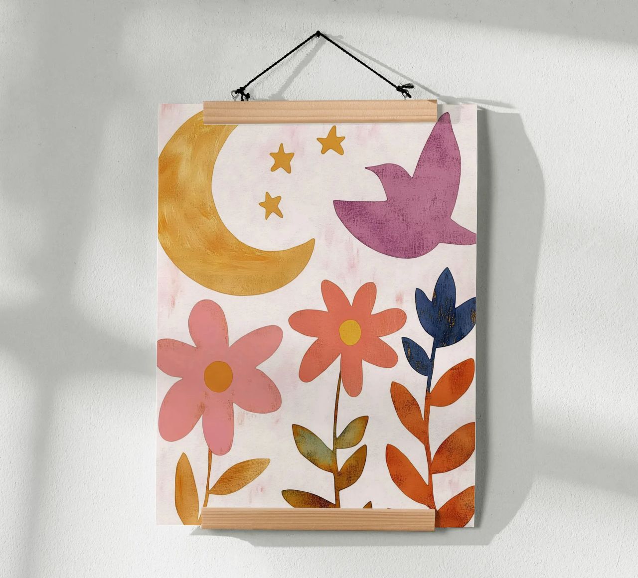 Vintage Botanical Bird with Moon, Stars and Spring Flowers poster by Gentle Echoes Art
