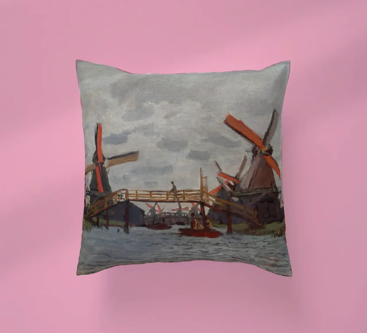 Claude Monet - Mulini a vento vicino a Zaandam cuscino da Timeless Artworks