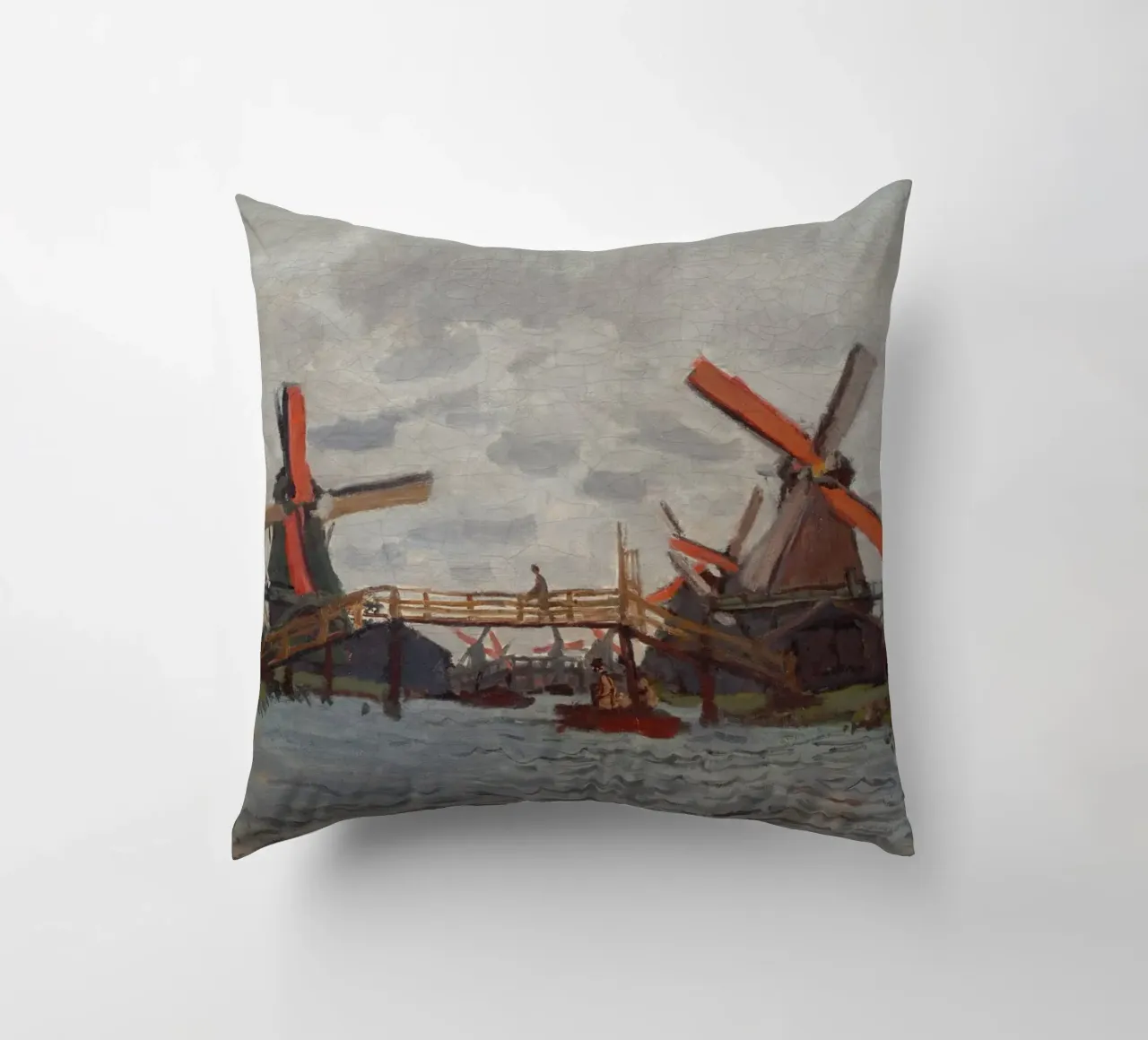 Claude Monet - Mulini a vento vicino a Zaandam cuscino da Timeless Artworks