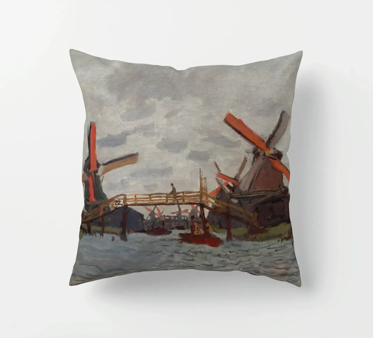 Claude Monet - Mulini a vento vicino a Zaandam cuscino da Timeless Artworks