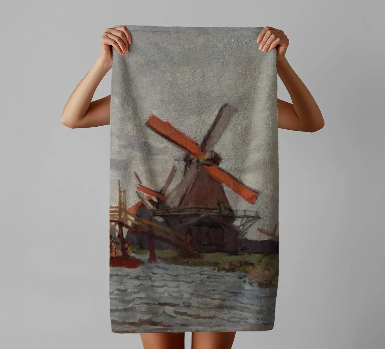 Claude Monet - Mulini a vento vicino a Zaandam asciugamano da bagno da Timeless Artworks