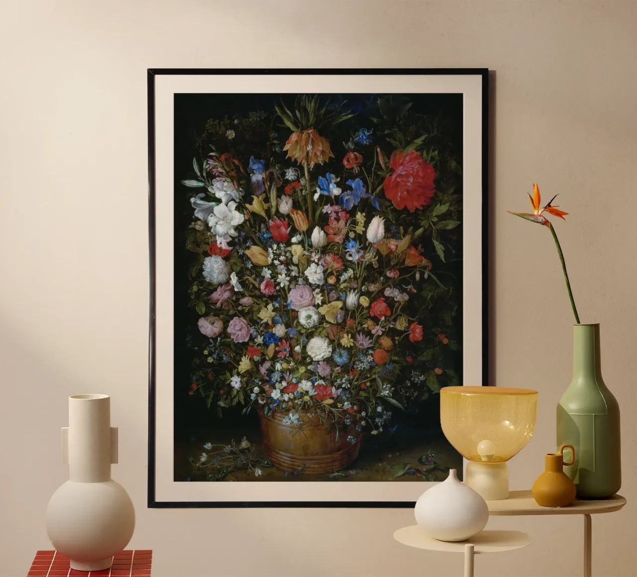 Jan Brueghel der Ältere - Blumen in einem hölzernen Gefäß Poster mit Holzrahmen von Timeless Artworks