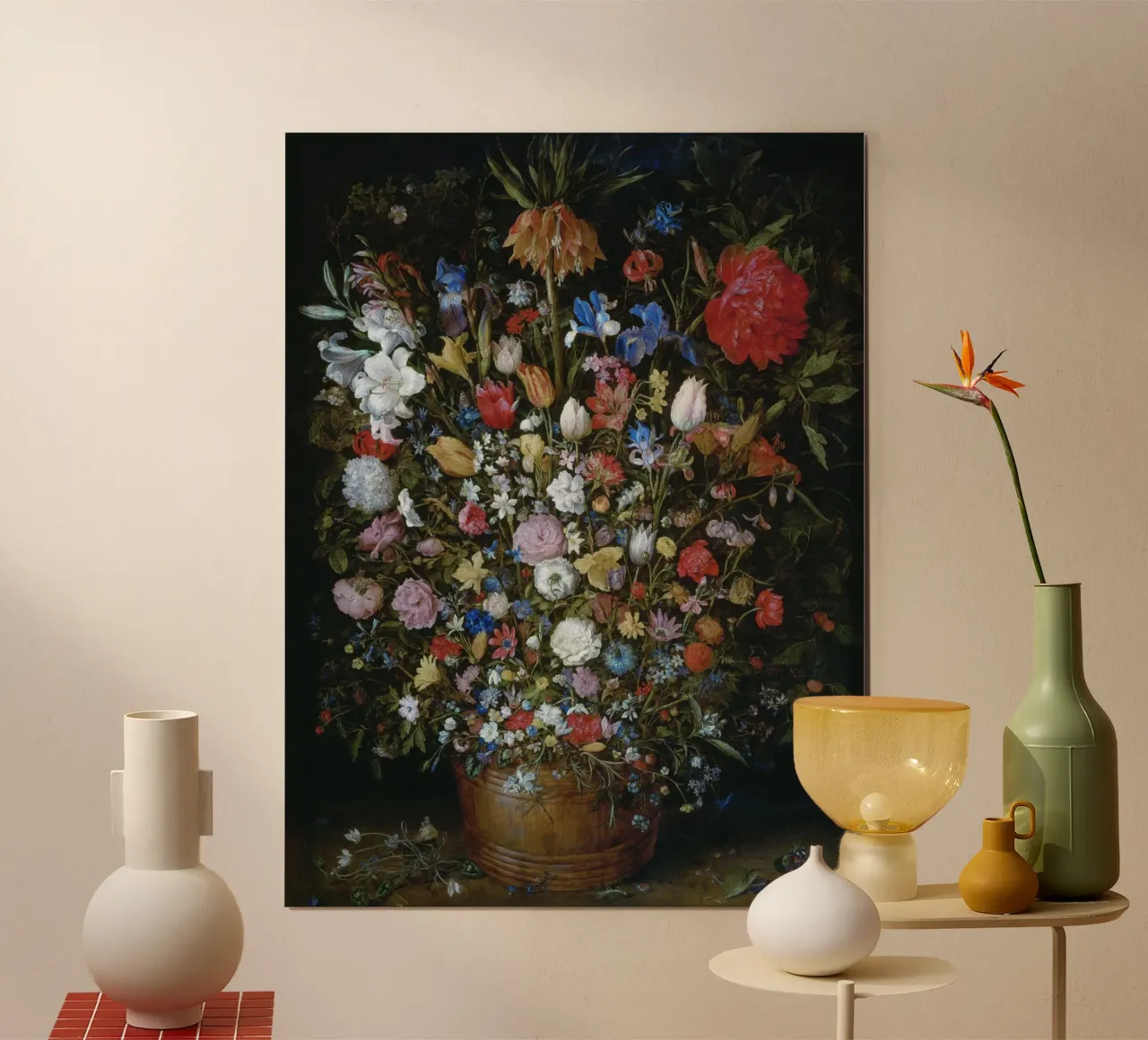 Jan Brueghel der Ältere - Blumen in einem hölzernen Gefäß Poster mit Holzrahmen von Timeless Artworks