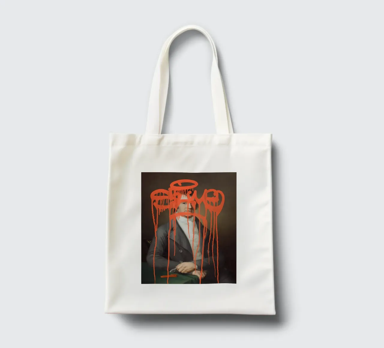 Graffiti arancioni su un ritratto classico borsa in juta da Vintagrafica