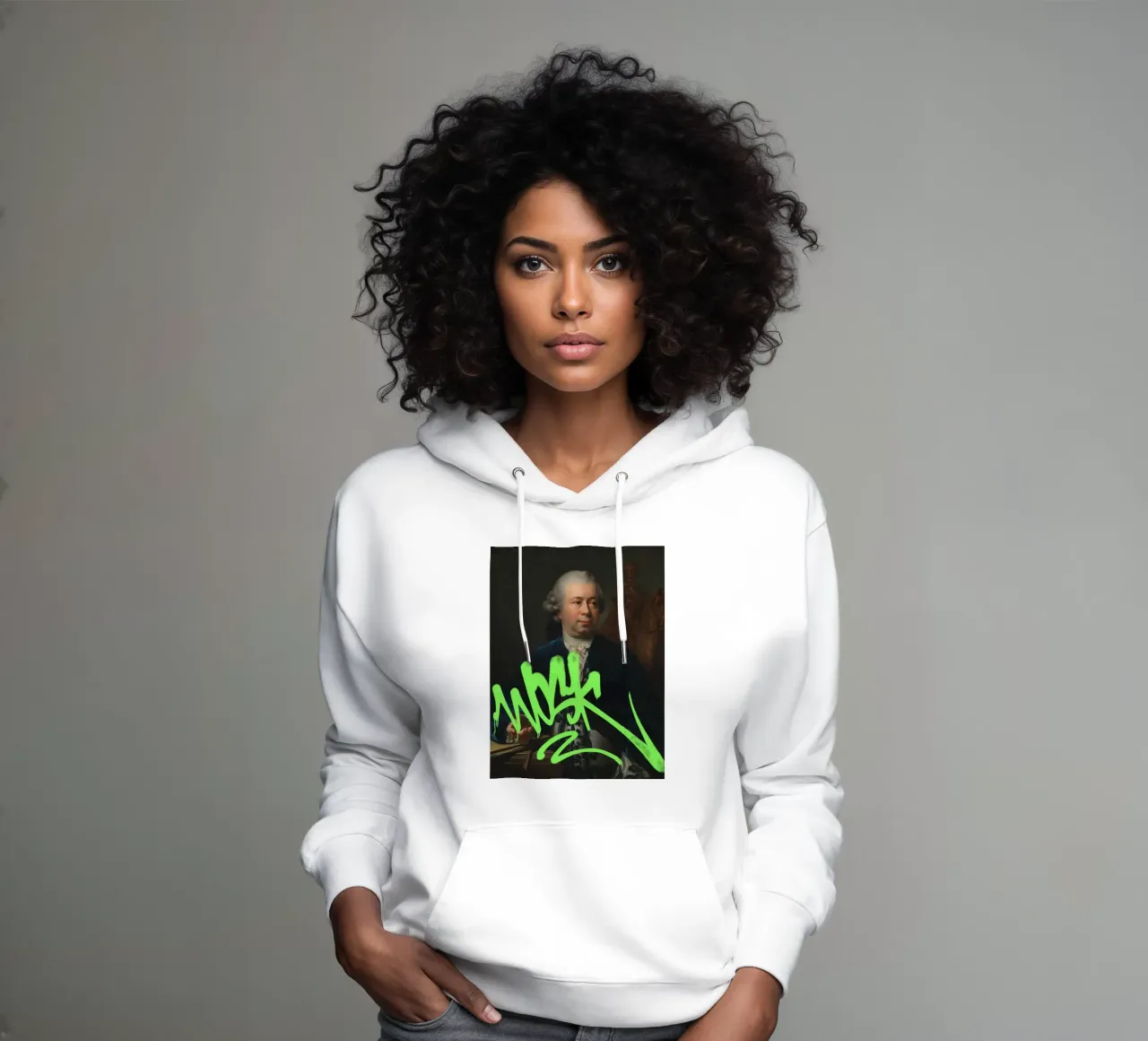 Etichetta verde neon su ritratto classico felpa con cappuccio da Vintagrafica