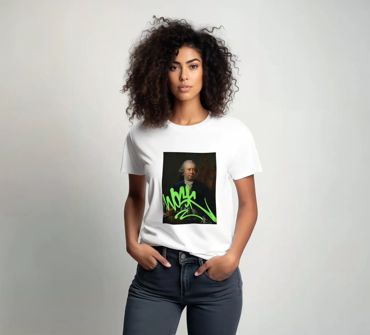Etichetta verde neon su ritratto classico t-shirt da Vintagrafica