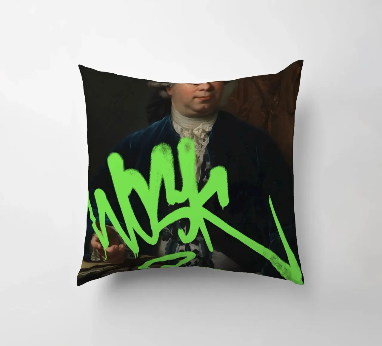 Etichetta verde neon su ritratto classico cuscino da Vintagrafica