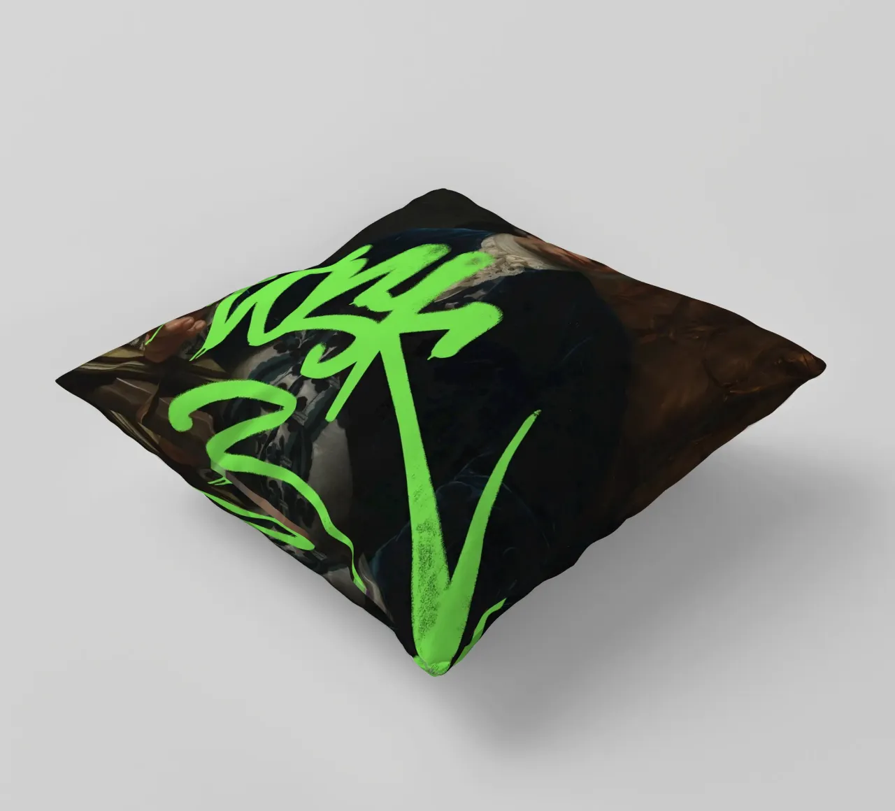 Etichetta verde neon su ritratto classico cuscino da Vintagrafica