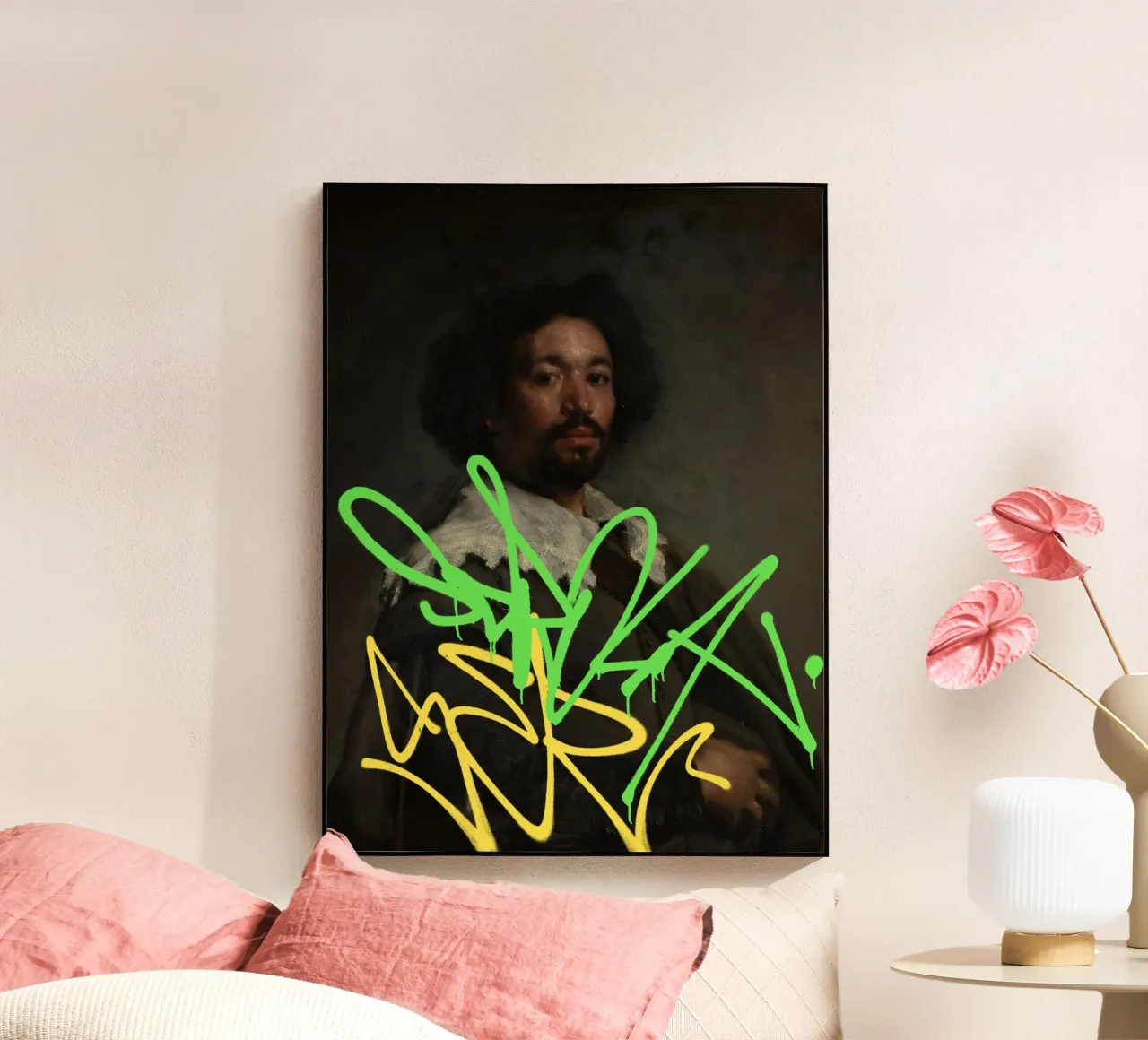 Tag graffiti gialli e verdi su un ritratto retrò plexiglass da Vintagrafica