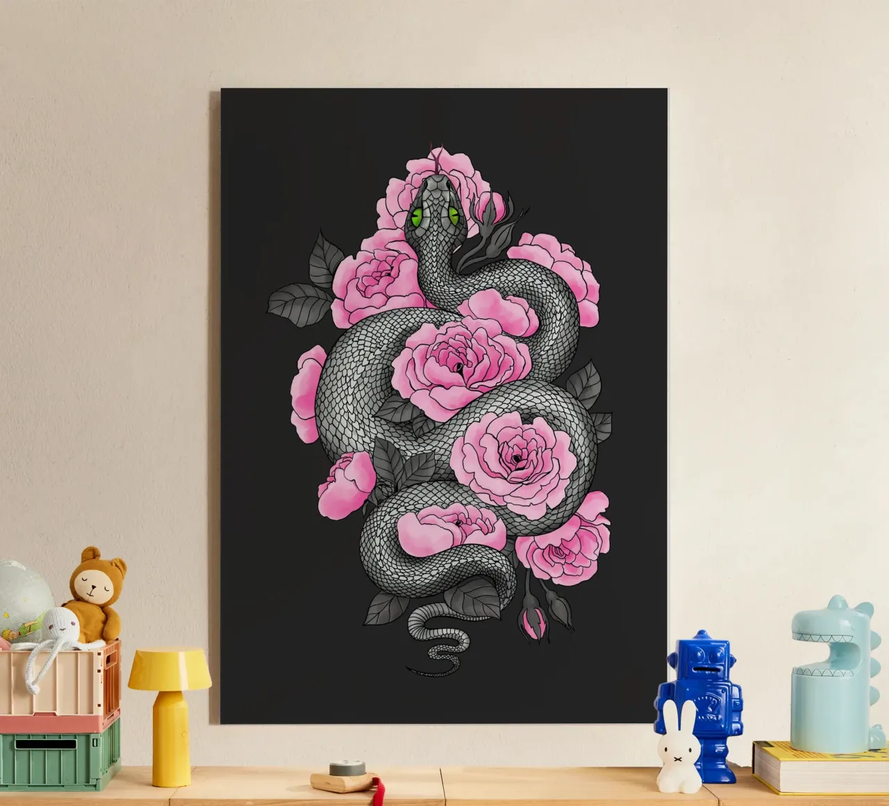 Serpenti e rose rosa plexiglass da Painted Nature