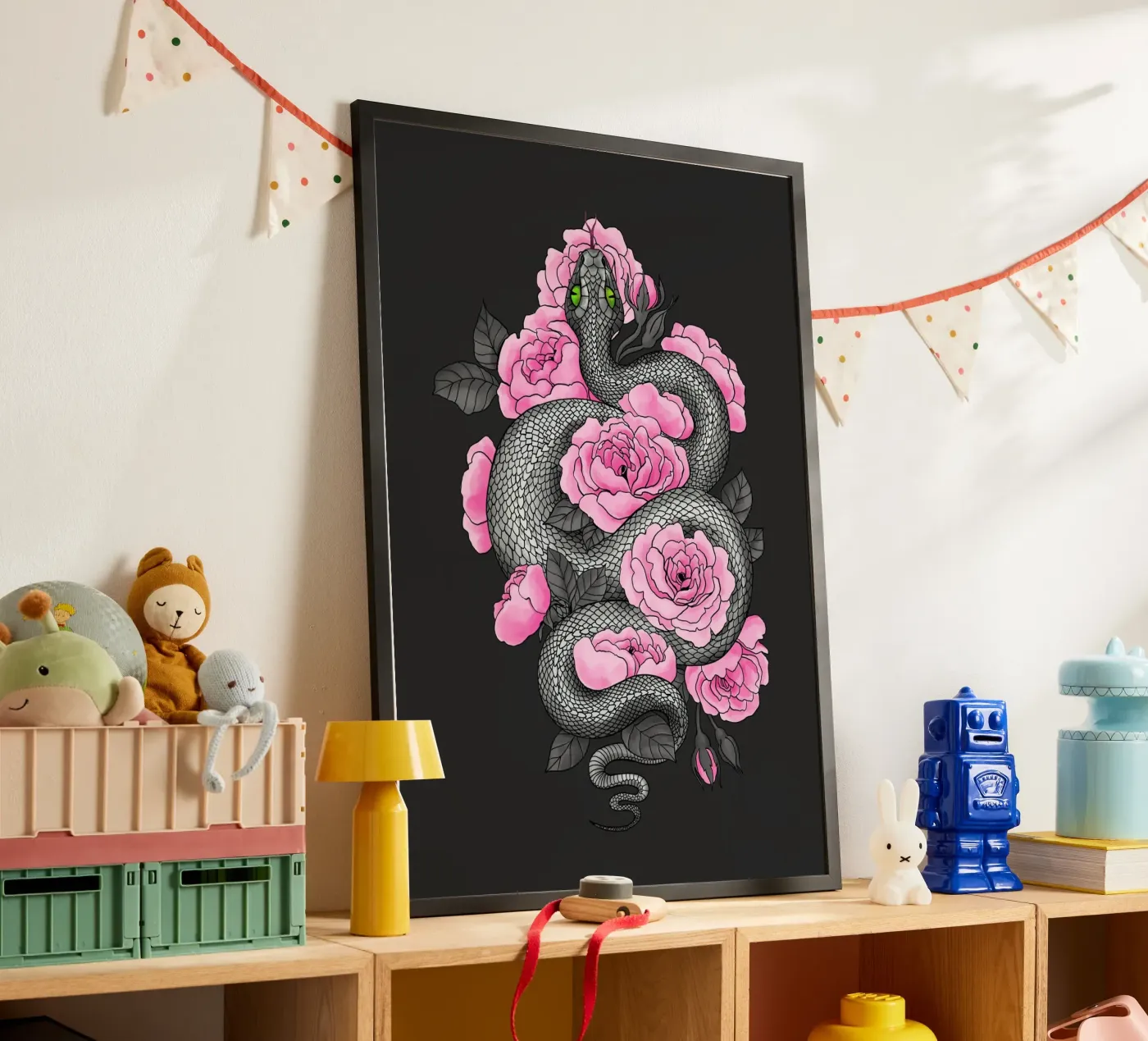 Serpenti e rose rosa poster da Painted Nature