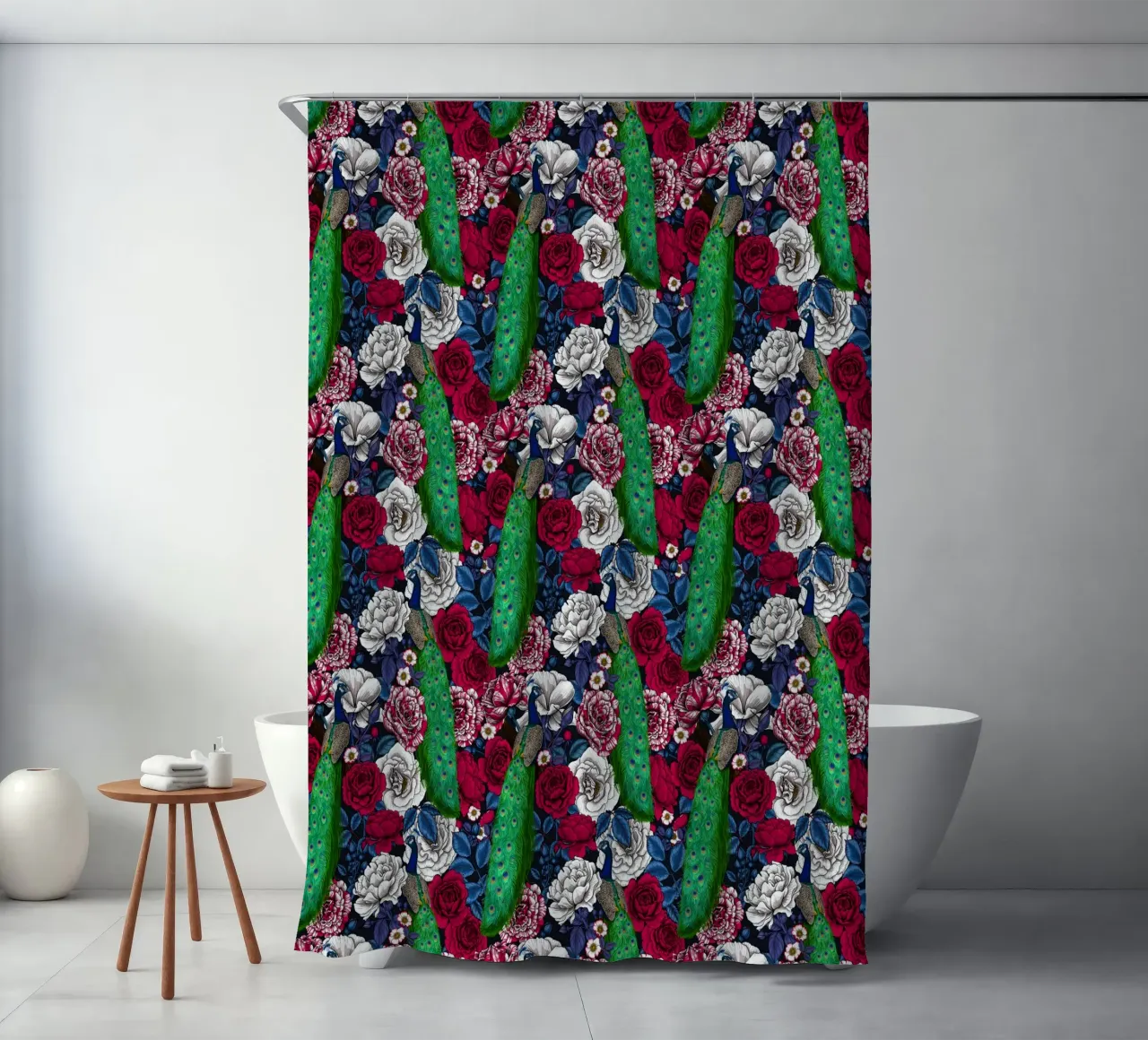 Peacocks in the rose garden shower curtain by Painted Nature