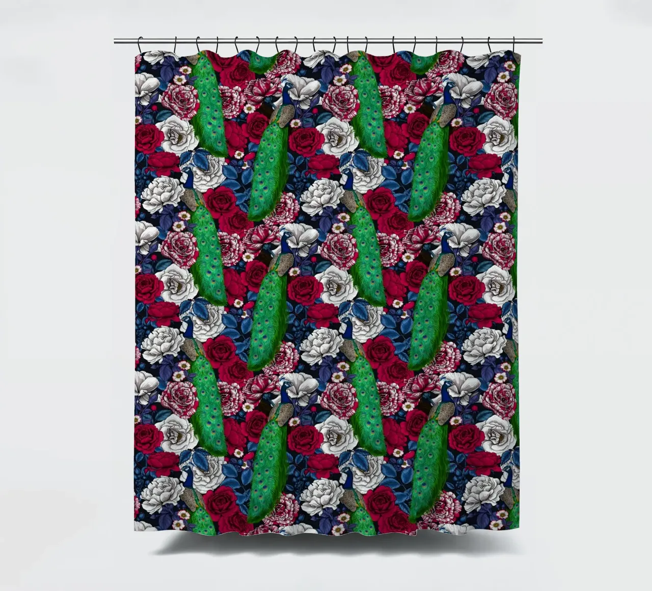 Peacocks in the rose garden shower curtain by Painted Nature