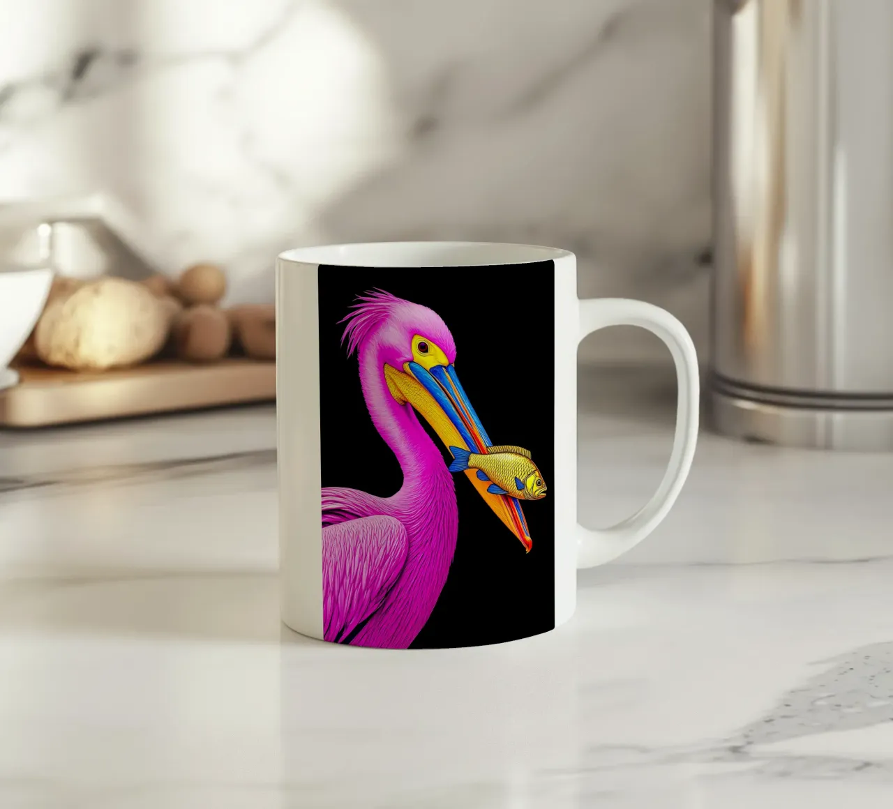 Pellicano e pesce - Pop Art tazza in ceramica da ColorCrash Gallery