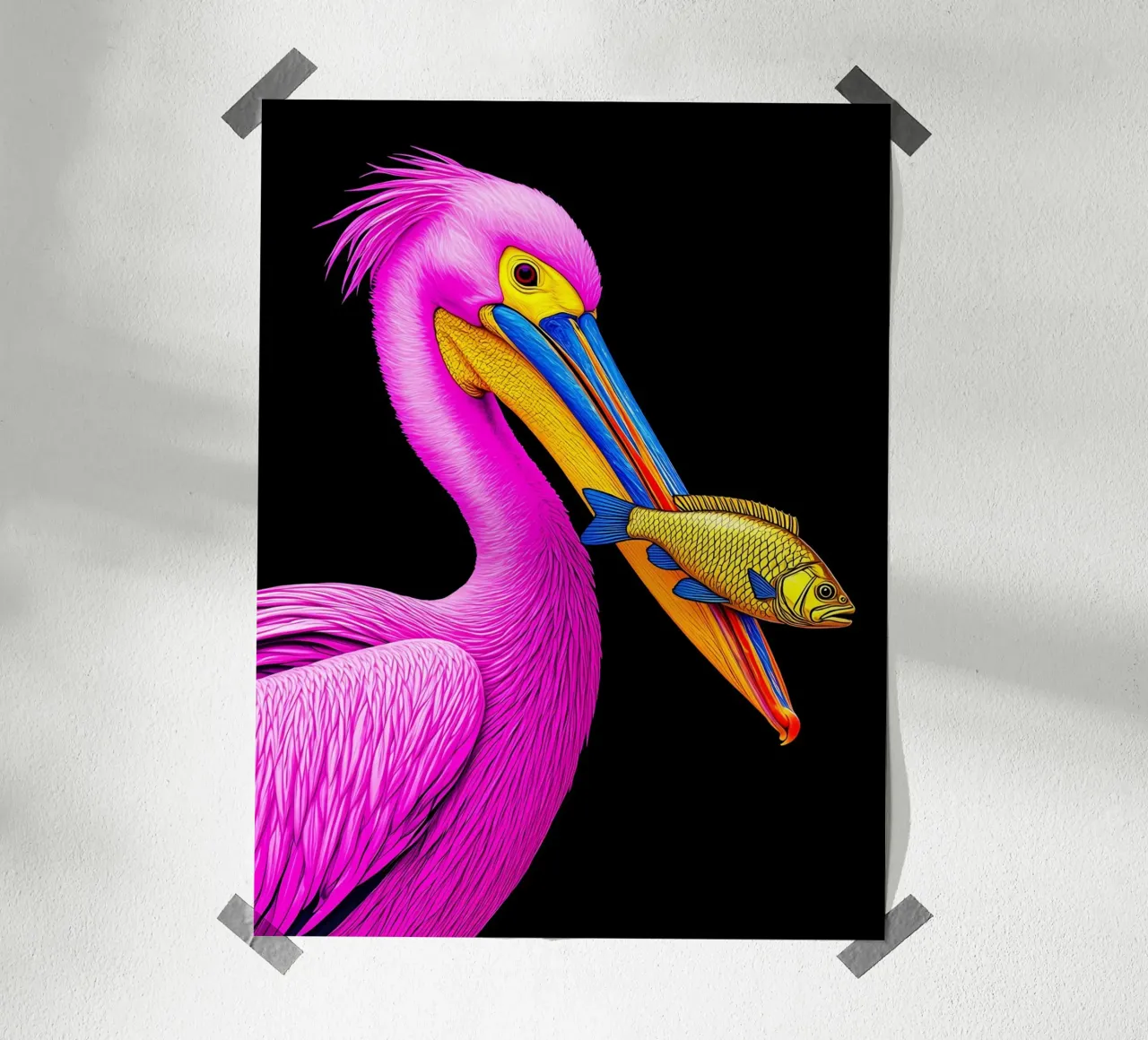 Pellicano e pesce - Pop Art poster con telaio in legno da ColorCrash Gallery