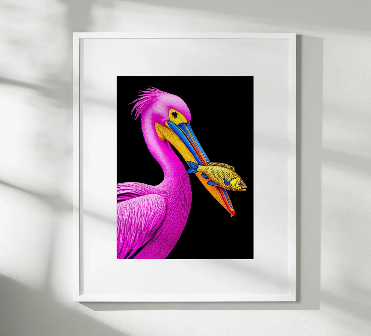Pellicano e pesce - Pop Art poster con telaio in legno da ColorCrash Gallery