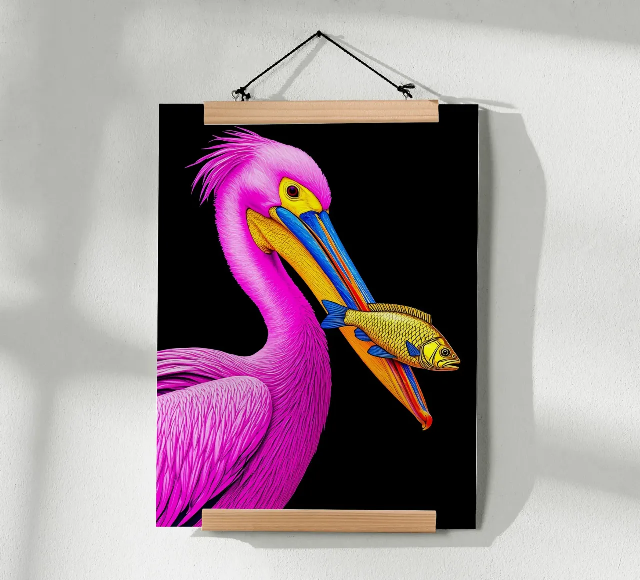 Pellicano e pesce - Pop Art poster con telaio in legno da ColorCrash Gallery