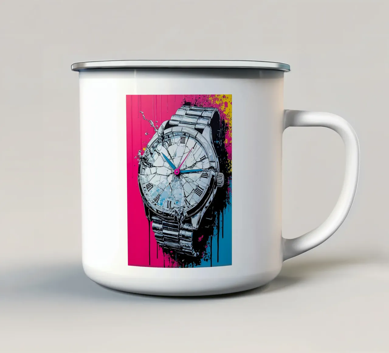 Orologio che si frantuma - Pop Art tazza in smalto da ColorCrash Gallery