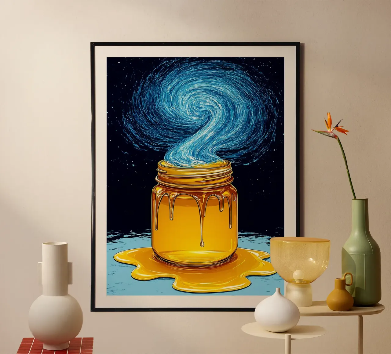 Vaso di miele - Pop Art poster con telaio in legno da ColorCrash Gallery