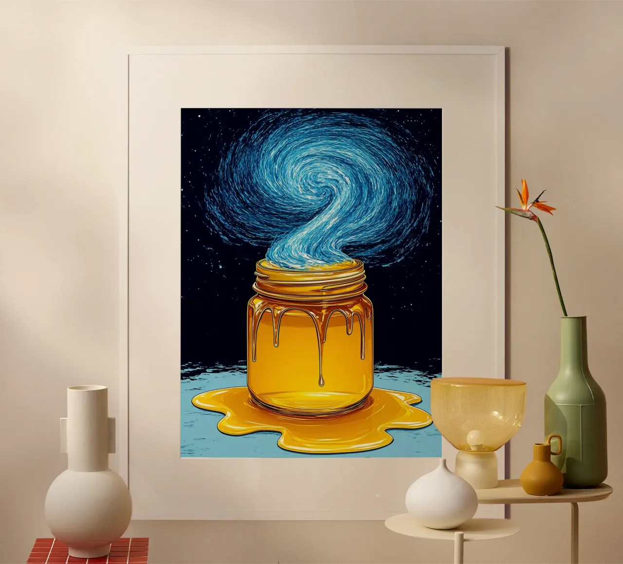 Vaso di miele - Pop Art poster con telaio in legno da ColorCrash Gallery