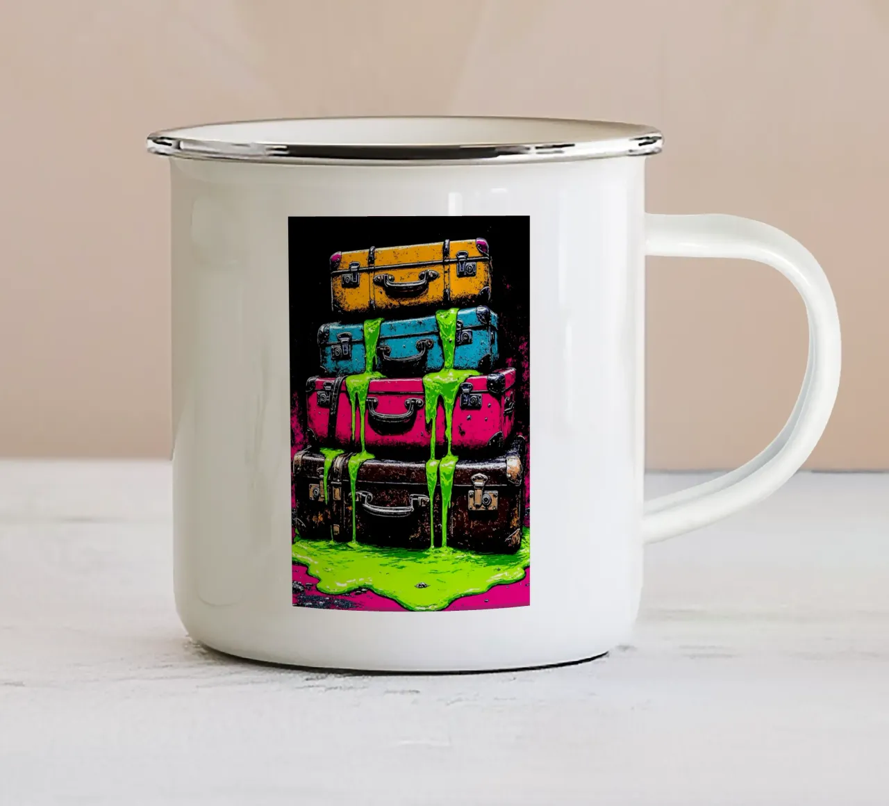 Valigie che si sciolgono - Pop Art tazza in smalto da ColorCrash Gallery