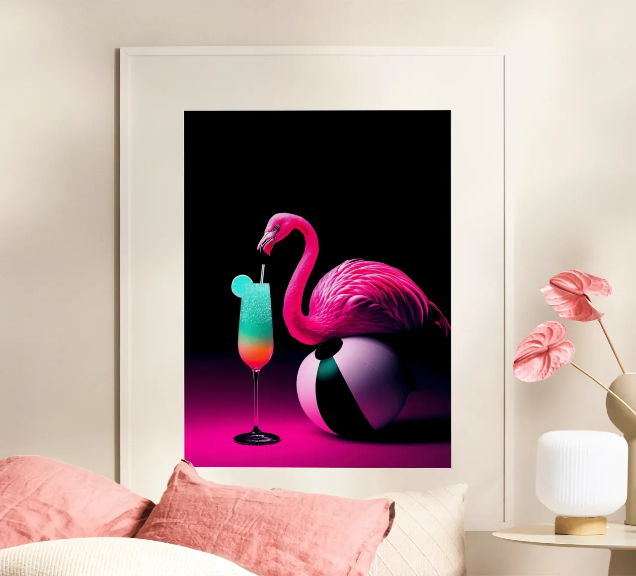 Fenicottero su pallone da spiaggia - Pop Art poster con telaio in alluminio da ColorCrash Gallery