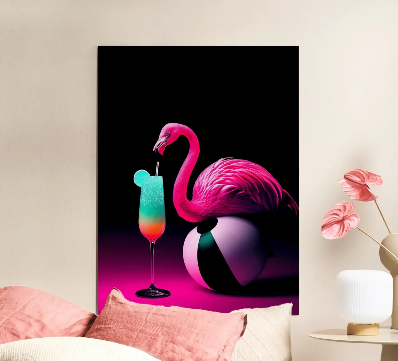 Fenicottero su pallone da spiaggia - Pop Art poster con telaio in alluminio da ColorCrash Gallery