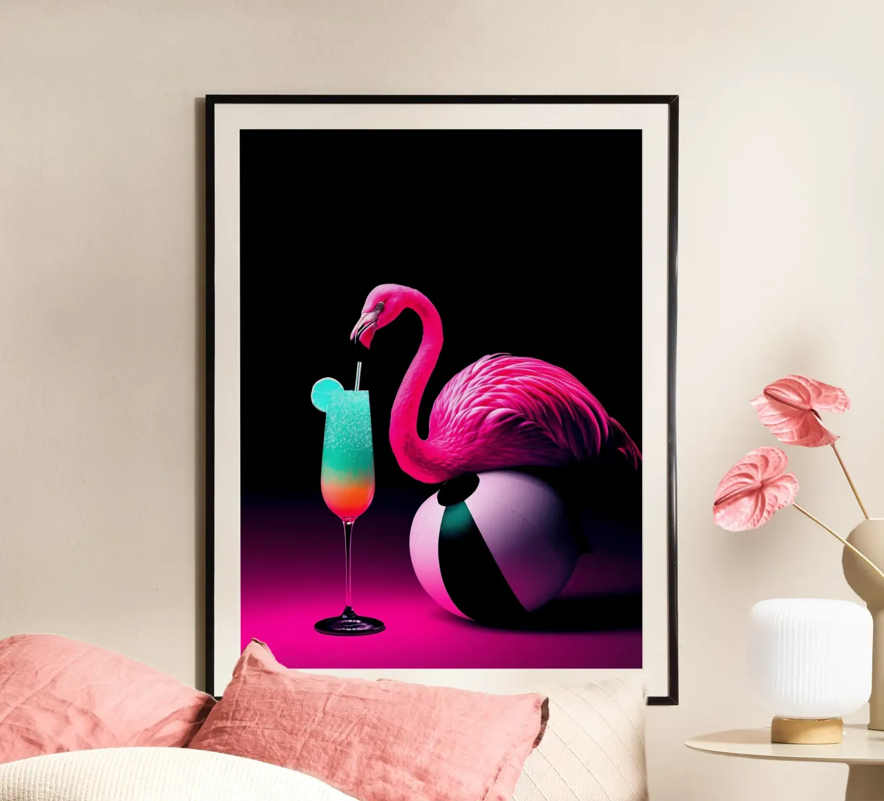Fenicottero su pallone da spiaggia - Pop Art poster con telaio in alluminio da ColorCrash Gallery