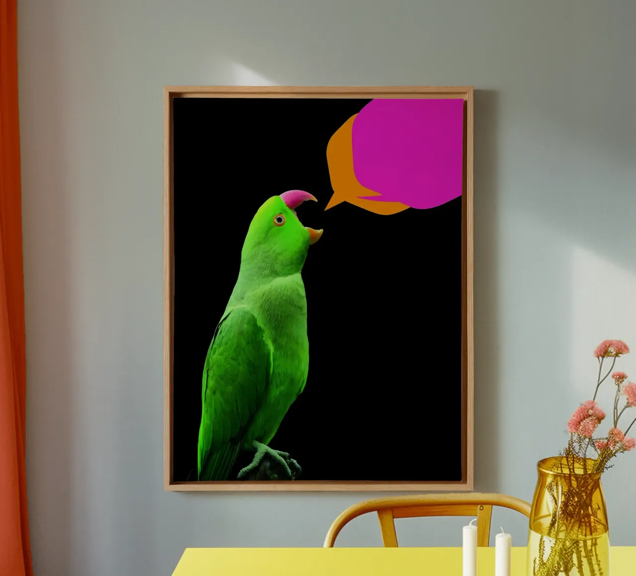Papageienrede - Pop Art Leinwand mit Schattenfugenrahmen von ColorCrash Gallery