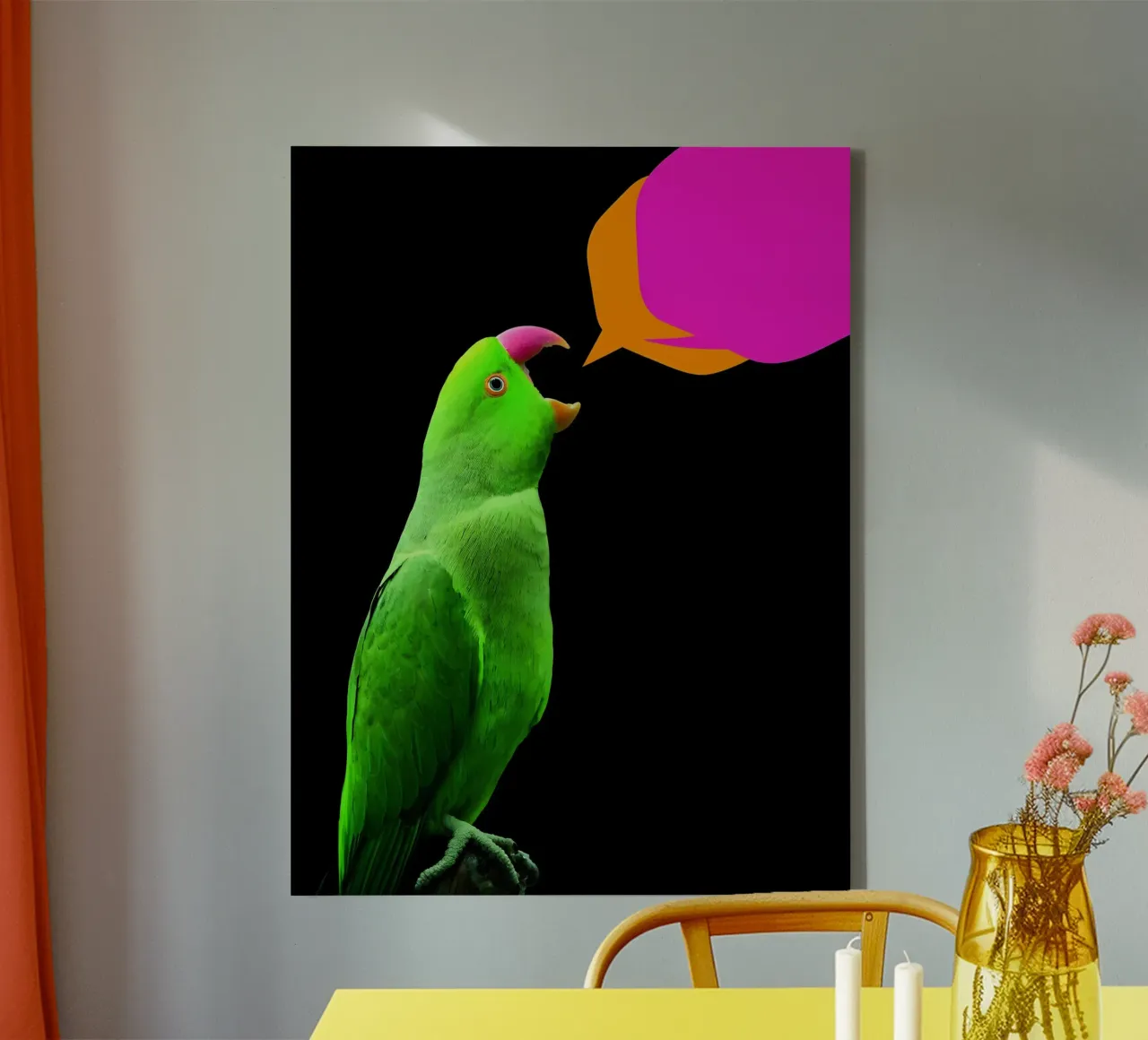 Papageienrede - Pop Art Leinwand mit Schattenfugenrahmen von ColorCrash Gallery