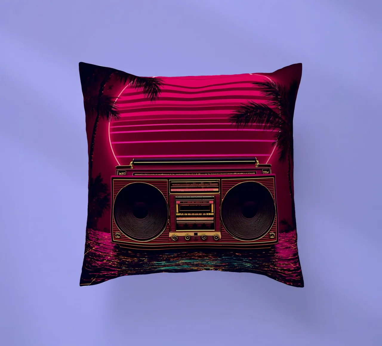 Neon Boombox Sunset - Pop Art cuscino da ColorCrash Gallery