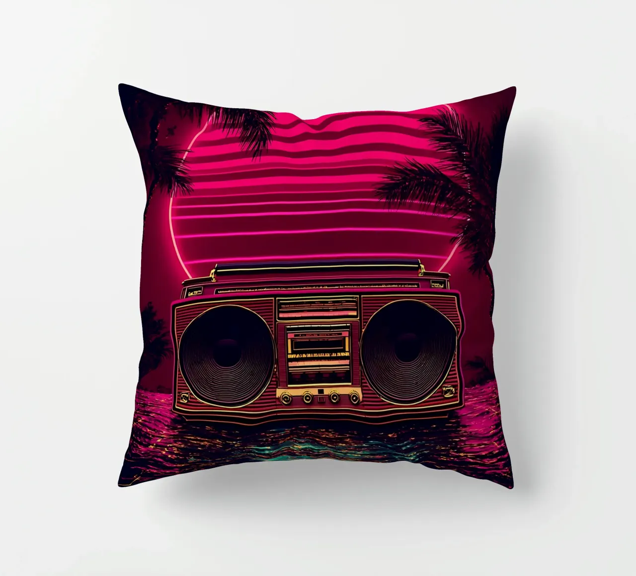 Neon Boombox Sunset - Pop Art cuscino da ColorCrash Gallery