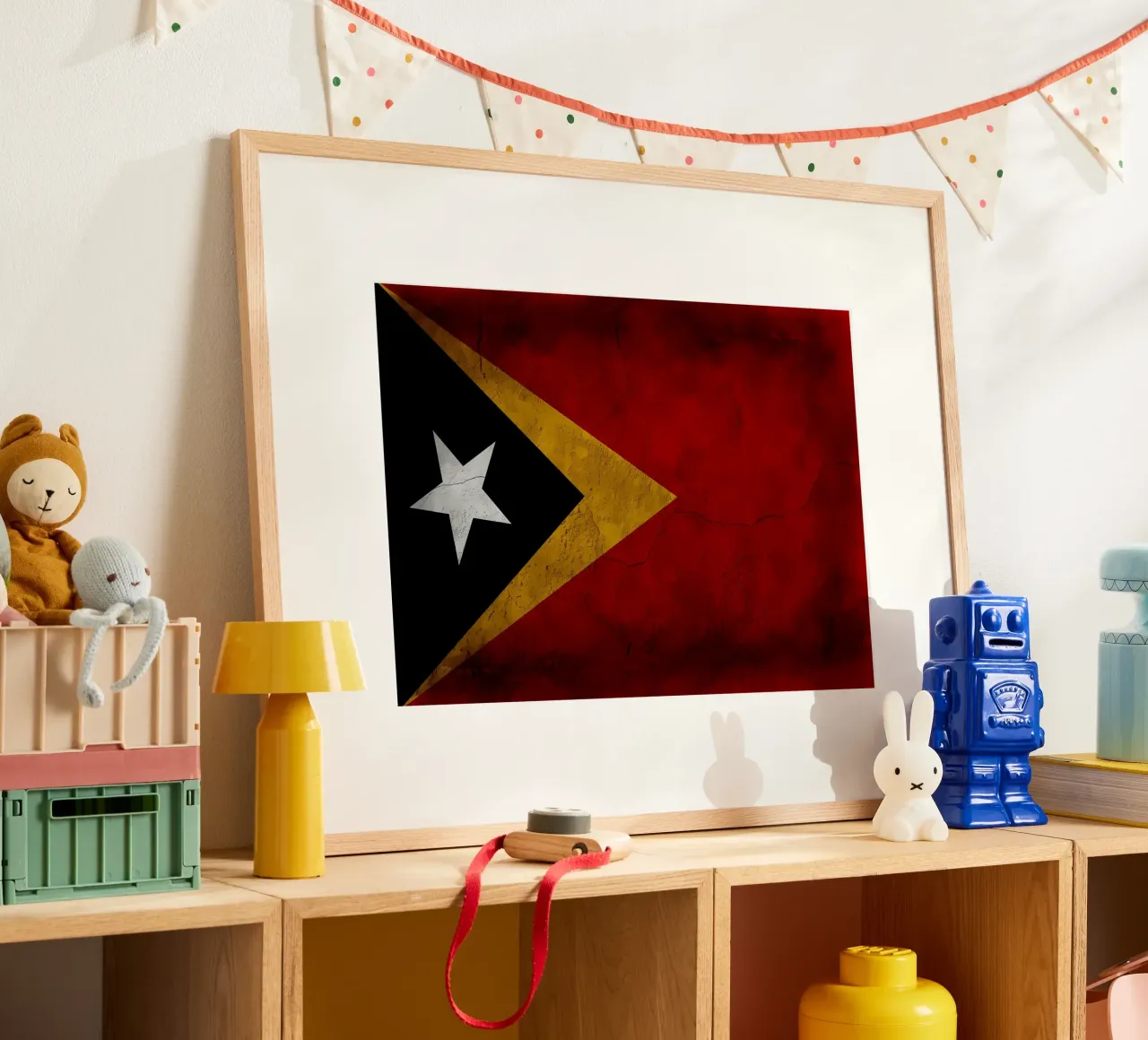 Bandiera d'epoca di Timor Est poster con telaio in legno da Joshua A Holmes