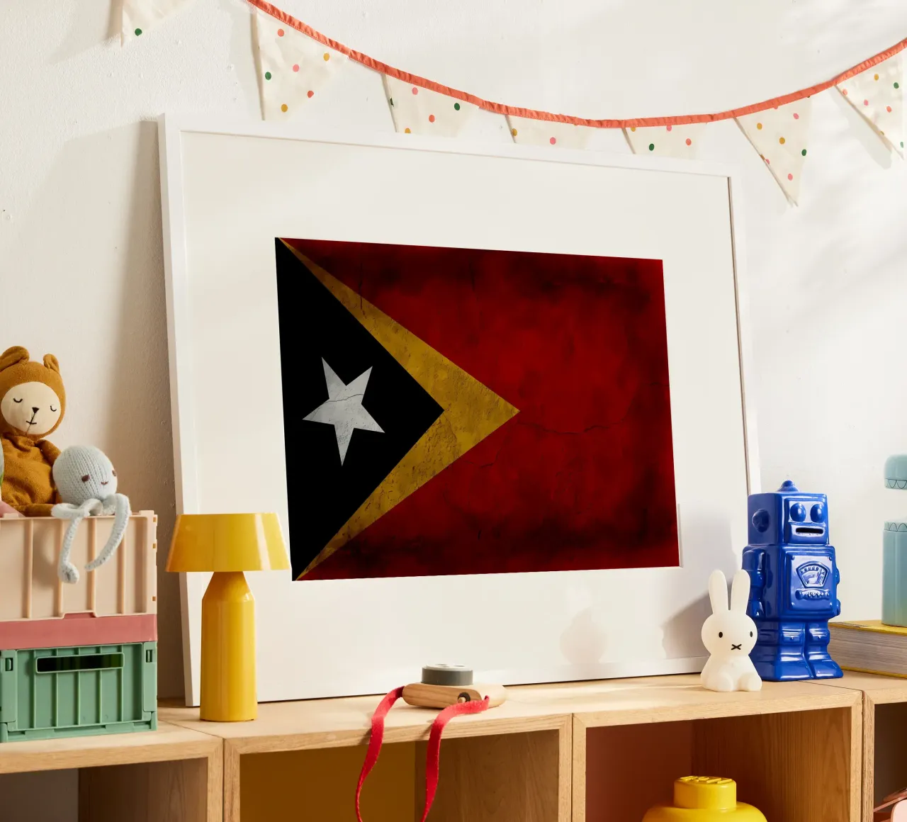Bandiera d'epoca di Timor Est poster con telaio in legno da Joshua A Holmes