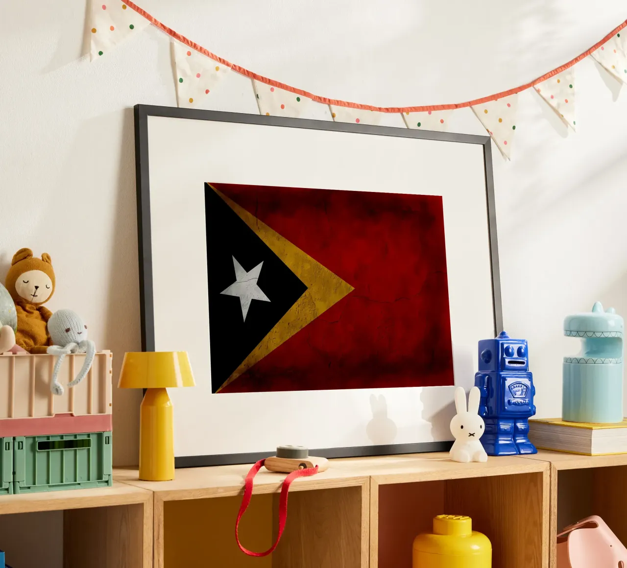 Bandiera d'epoca di Timor Est poster con telaio in legno da Joshua A Holmes