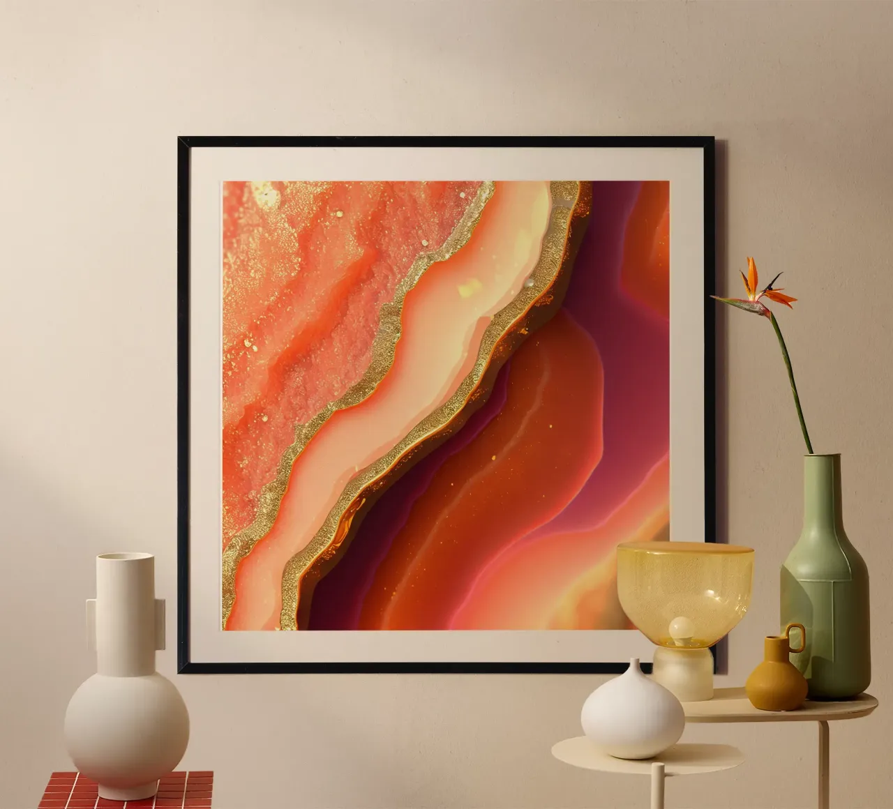 Agata rosa caldo e arancione poster con telaio in legno da Gemstone Textures