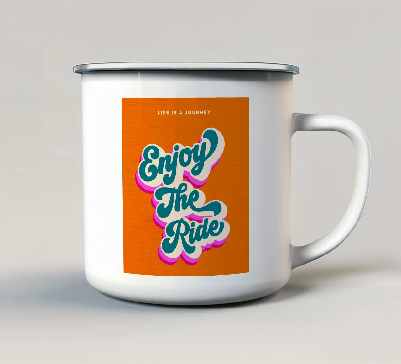 Life is a Journey, Enjoy the Ride • Retro typography enamel mug by Dominique Vari Words