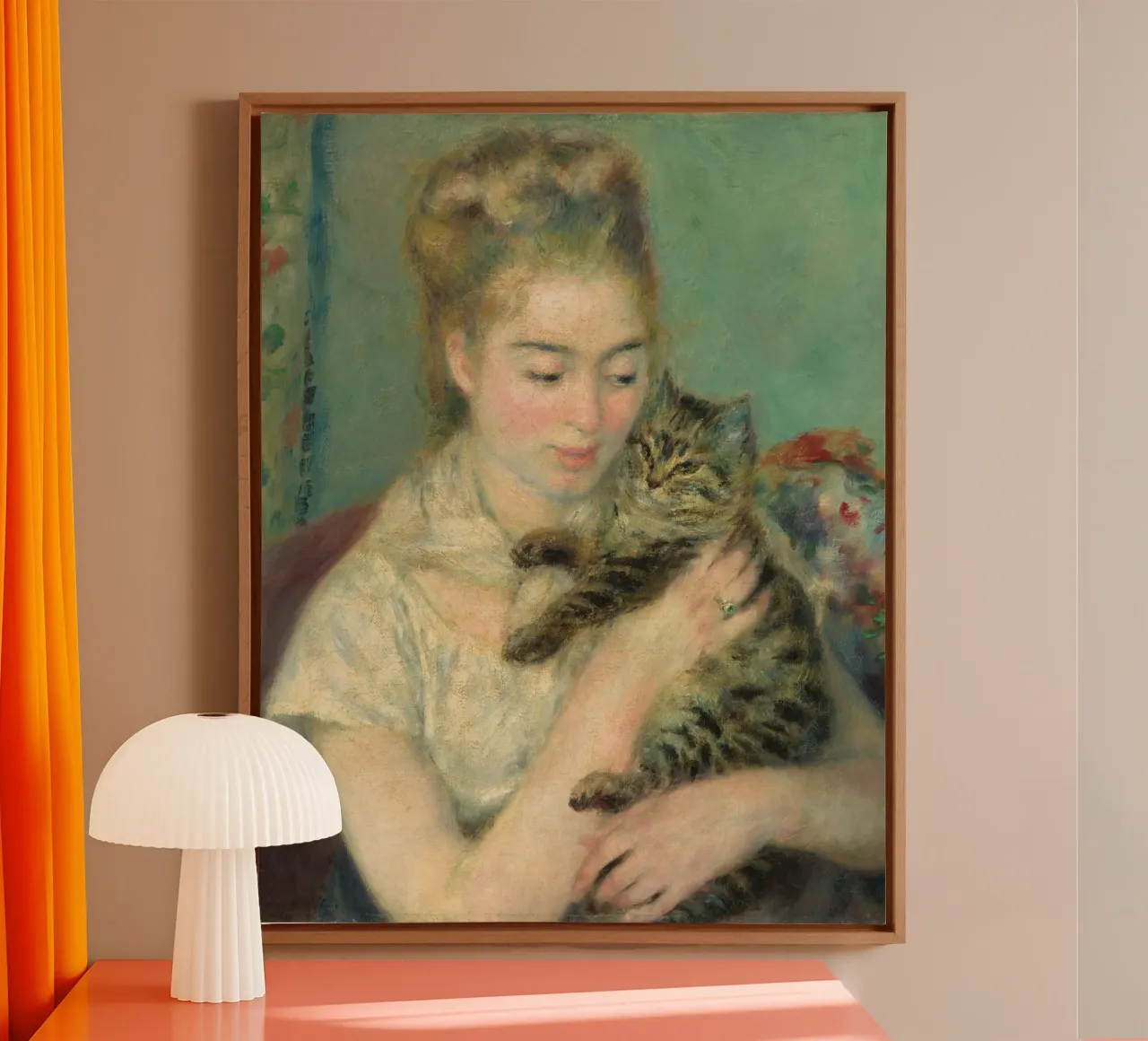 Pierre Auguste Renoir - donna con gatto tela con Cornice a cassetta da Timeless Artworks