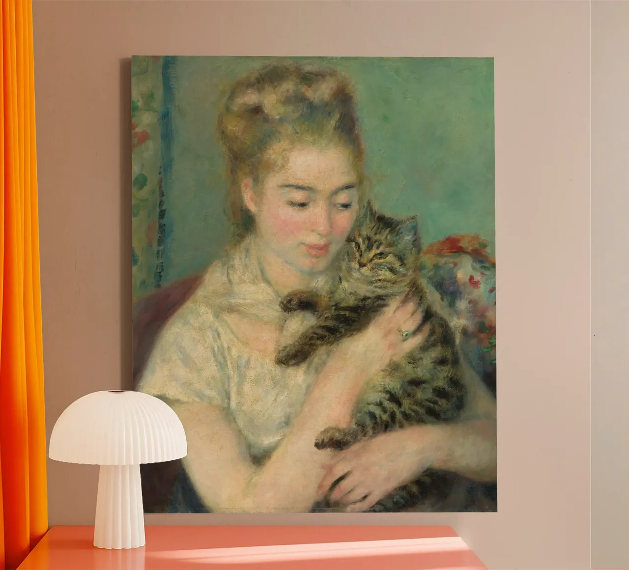 Pierre Auguste Renoir - donna con gatto tela con Cornice a cassetta da Timeless Artworks
