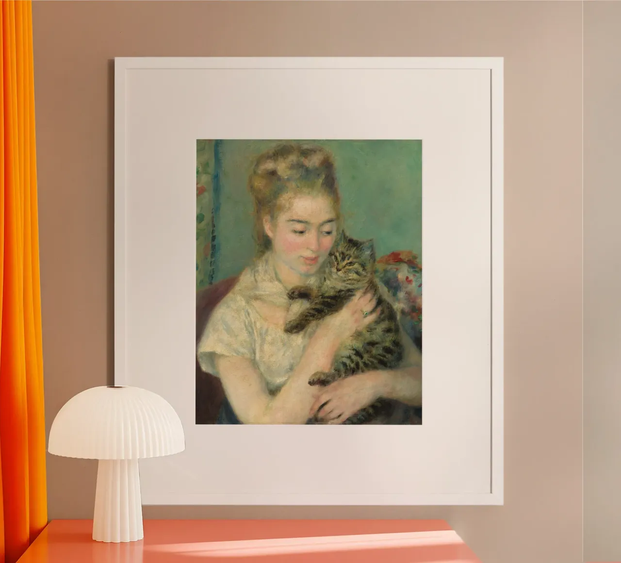 Pierre Auguste Renoir - donna con gatto poster con telaio in legno da Timeless Artworks