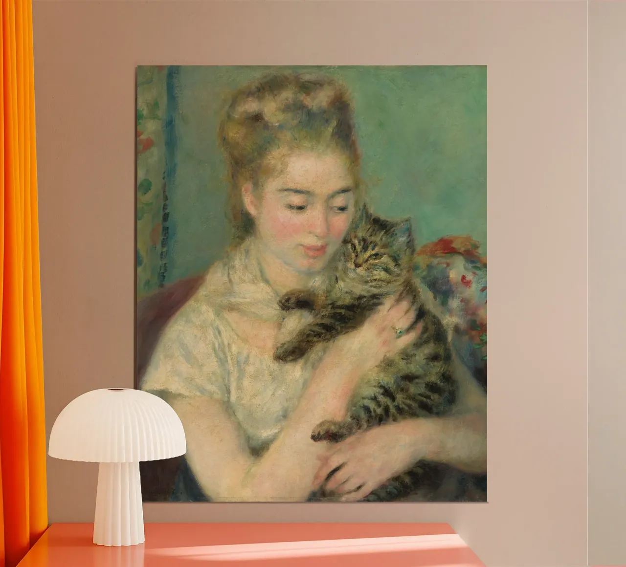 Pierre Auguste Renoir - donna con gatto poster con telaio in legno da Timeless Artworks