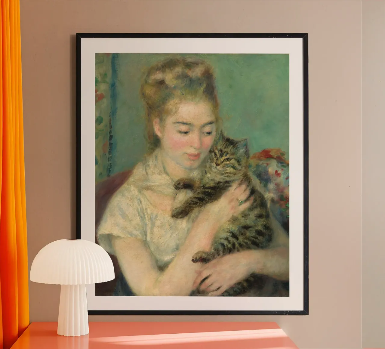 Pierre Auguste Renoir - donna con gatto poster con telaio in legno da Timeless Artworks