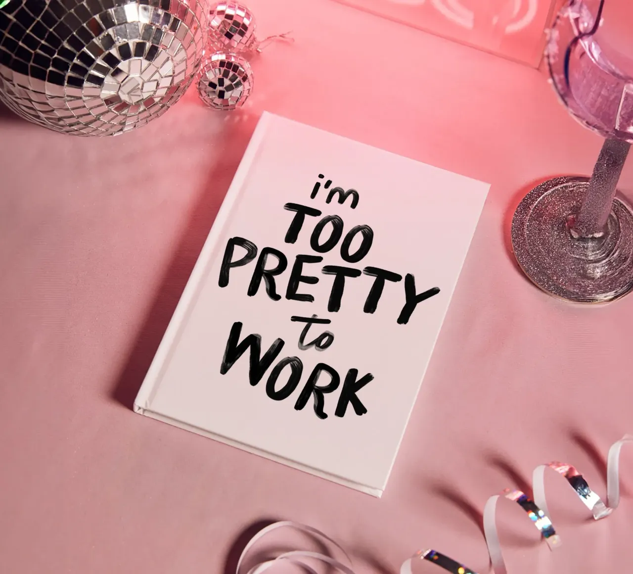 I'm Too Pretty to Work Sassy Funny Typography Print in Black notebook by THE MOTIVATED TYPE
