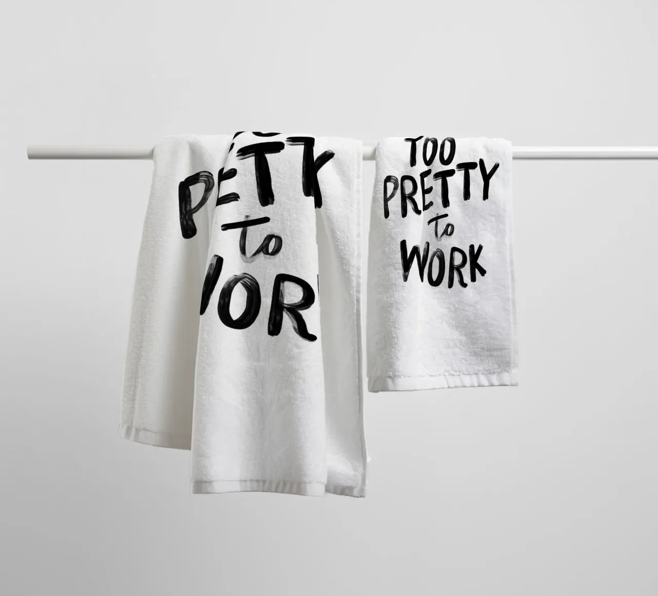 I'm Too Pretty to Work Sassy Funny Typography Print in Black towel by THE MOTIVATED TYPE