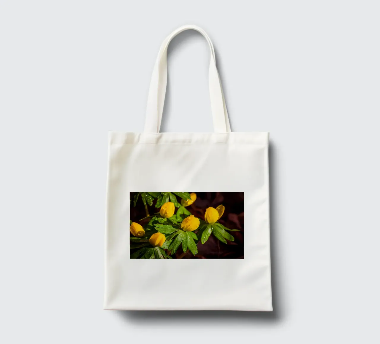 Winter aconites with water droplets on the blossom tote bag by Marcus Beckert | Fotografie