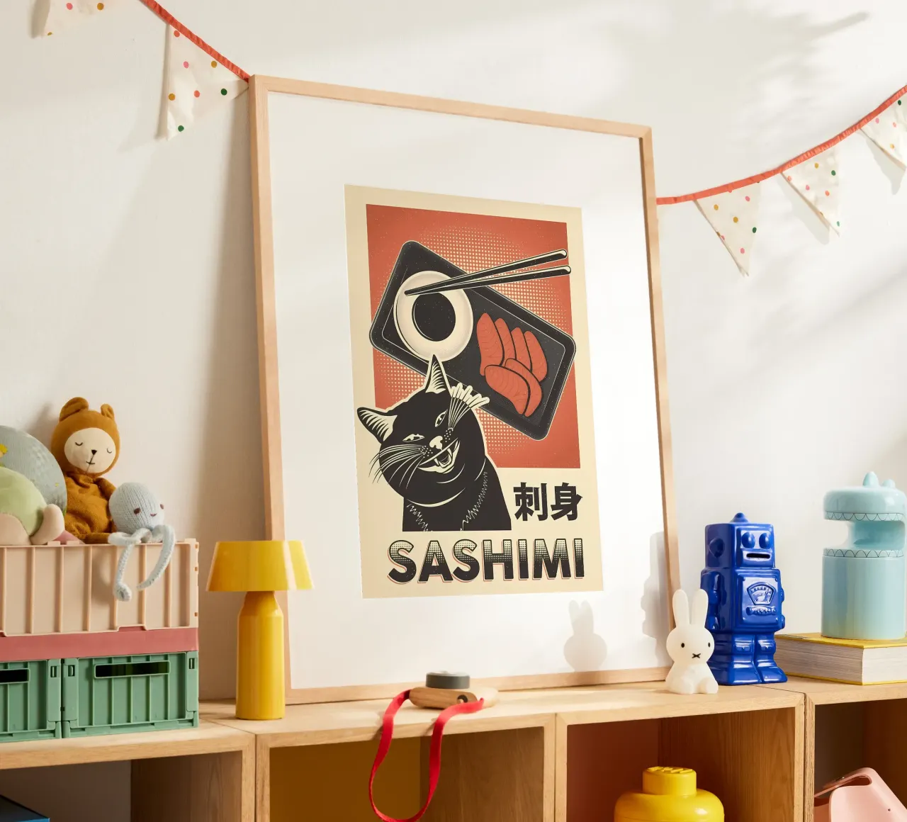 Sashimi Black Cat poster con telaio in legno da Monique A Hooper