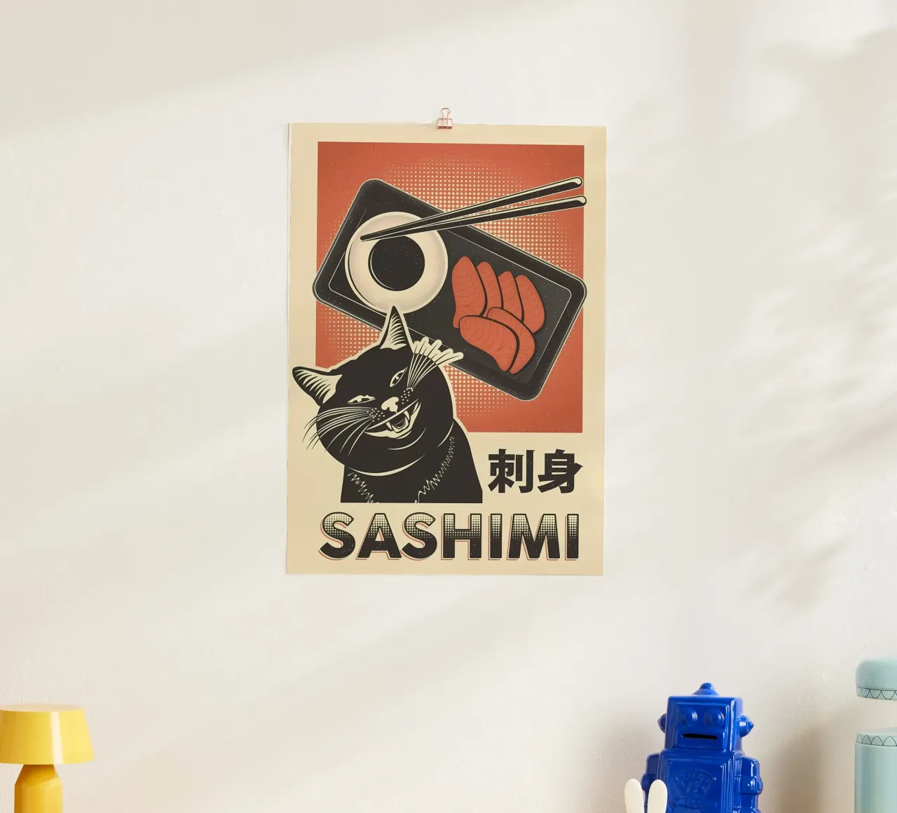 Sashimi Black Cat poster con telaio in legno da Monique A Hooper